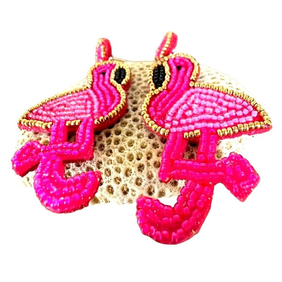 Flamingo Earrings Beaded Dangle Post New Pink Statement Jewelry Caribbe… - Picture 2 of 12
